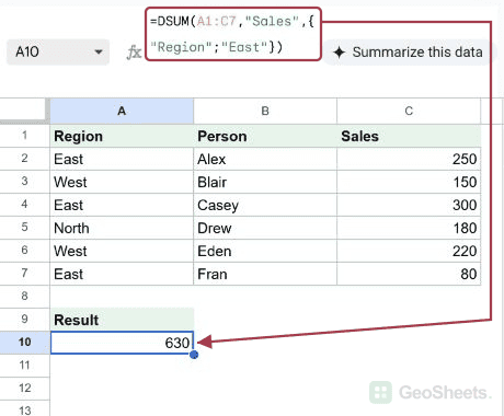 DSUM example in Google Sheets, showing 630 in the selected output.