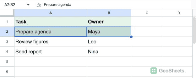 A2:B2 has the selected light green background color.