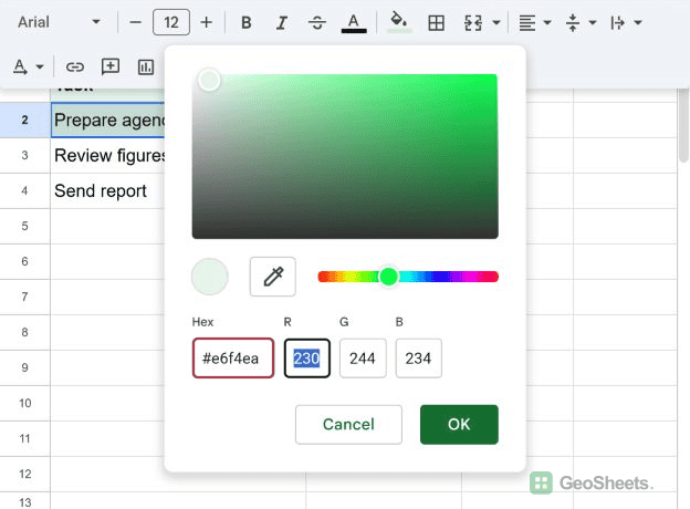 Custom color dialog with hex E6F4EA and RGB values 230, 244, 234.