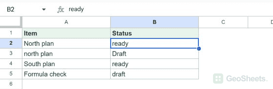 Only lowercase draft entries in B2:B4 are replaced; Draft and the formula outside the range remain unchanged.