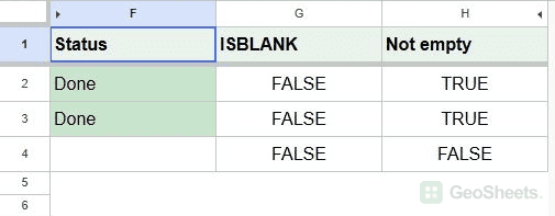 Empty-string cell returns FALSE for ISBLANK and is excluded by the not-empty formatting rule.