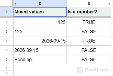 ISNUMBER comparison shows TRUE for numeric values and FALSE for text versions.