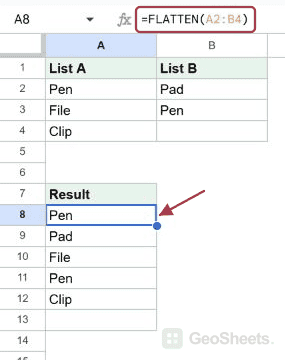 Flatten a rectangular range in Google Sheets, with the formula and its result visible.