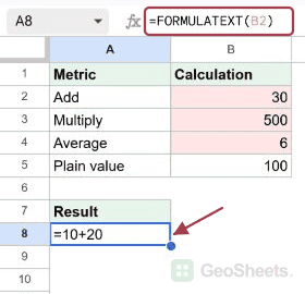 Show the formula behind a result in Google Sheets, with the formula and its result visible.