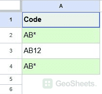 Google Sheets the two AB* codes are highlighted; AB12 is not treated as a literal match.