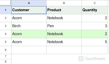 Google Sheets the expanding comparison leaves the first matching order unfilled and highlights only row 4.