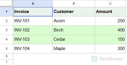 Google Sheets invoice IDs 102 and 103 are highlighted because their matching payment records say Paid.