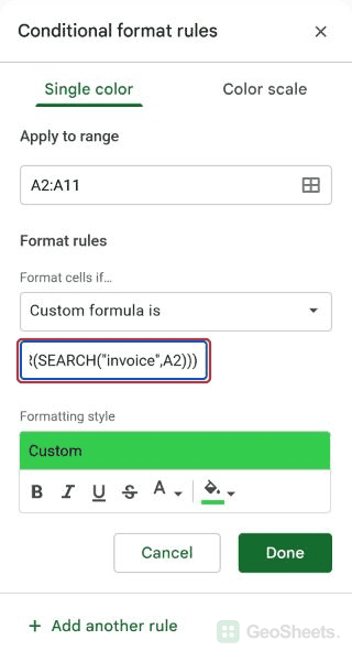 Google Sheets conditional formatting controls for require both words in the same cell.