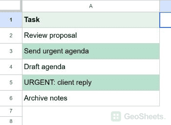 Google Sheets result for highlight cells with the text contains rule.