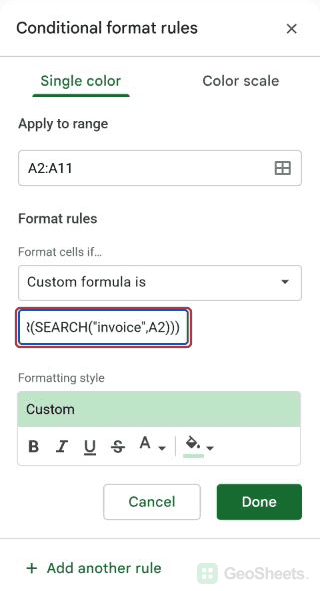 Google Sheets conditional formatting controls for highlight cells containing either of two words.