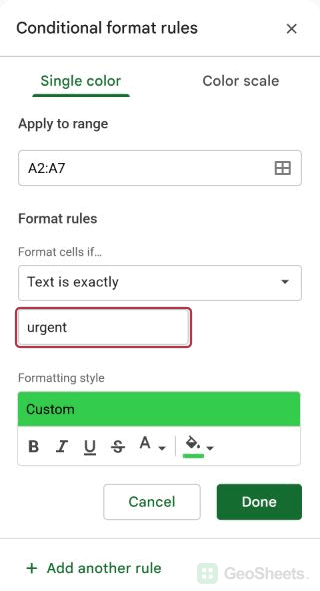 Google Sheets rule controls for highlight only cells whose entire text matches.