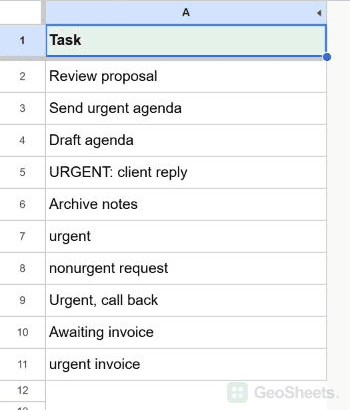 Google Sheets unformatted starting dataset for highlight cells containing either of two words.