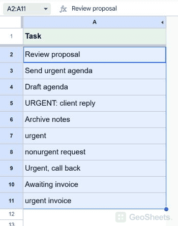 Google Sheets selected range for highlight cells containing either of two words.