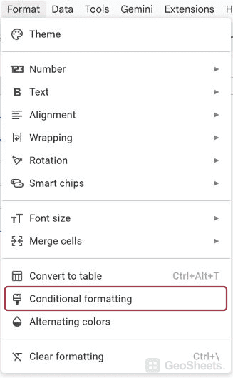 Google Sheets Format menu with Conditional formatting outlined.