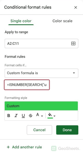 Google Sheets conditional formatting controls for highlight the entire row based on text in one column.