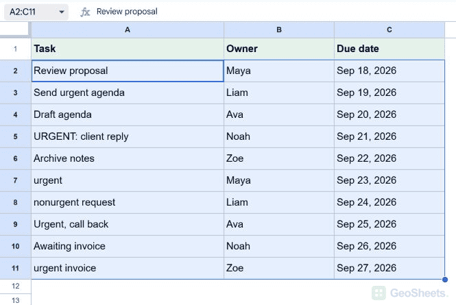 Google Sheets selected range for highlight the entire row based on text in one column.