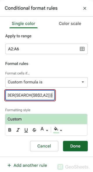 Google Sheets conditional formatting controls for use another cell as your search term.