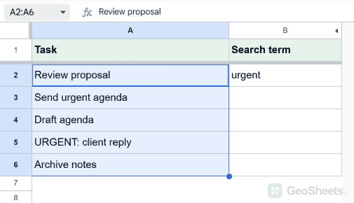 Google Sheets selected range for use another cell as your search term.