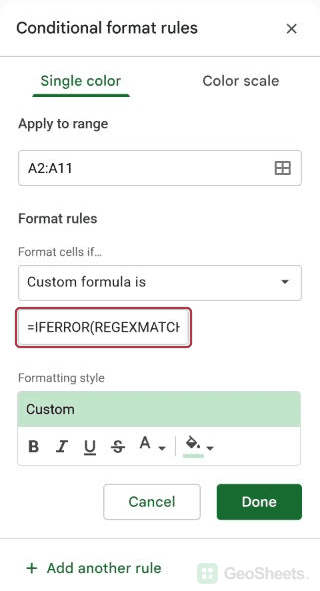 Google Sheets conditional formatting controls for highlight a whole word without matching longer words.
