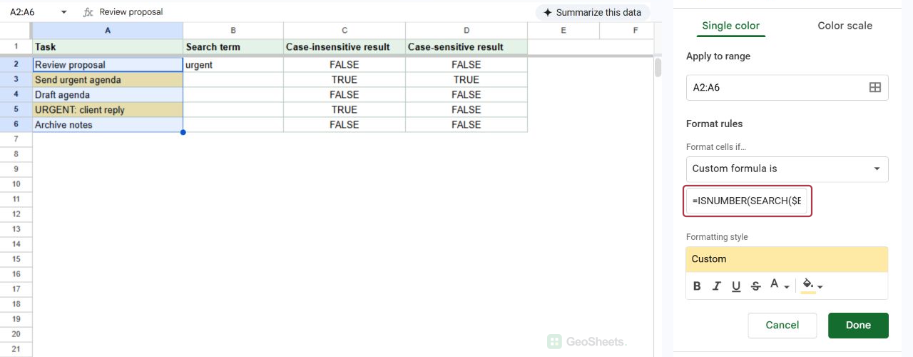 Google Sheets custom conditional-formatting formula that searches for the term in cell B2