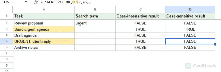 FIND returns FALSE for uppercase URGENT when the search term is lowercase urgent