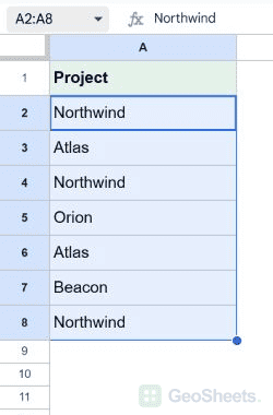 Google Sheets selected data range for highlight every duplicate value in a column.