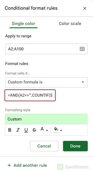 Google Sheets conditional formatting sidebar for keep blank cells out of the highlighting, showing the start of the formula.