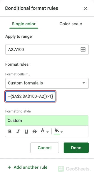Google Sheets conditional formatting sidebar for handle names or codes containing * and ?, showing the end of the formula.