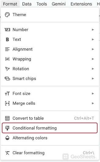 Google Sheets Format menu with Conditional formatting outlined.