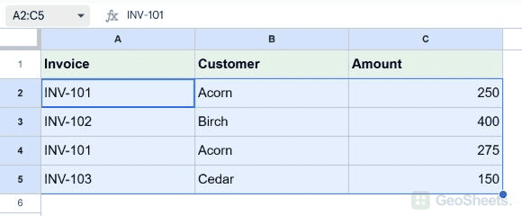 Google Sheets selected data range for highlight entire rows with a duplicate id.