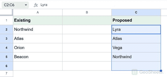 Google Sheets selected data range for compare two lists and highlight the matches.