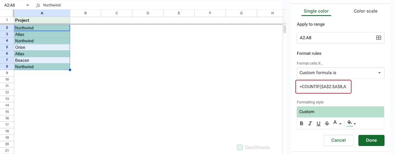 Google Sheets conditional formatting sidebar showing a COUNTIF rule that highlights all duplicate project names in A2 through A8