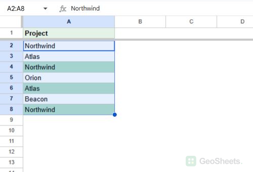Google Sheets project list with the second and later Northwind and Atlas entries highlighted