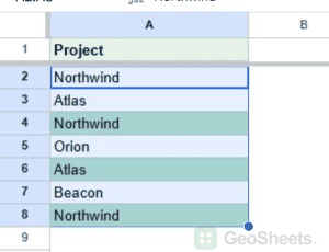 Google Sheets project list with the second and later Northwind and Atlas entries highlighted.