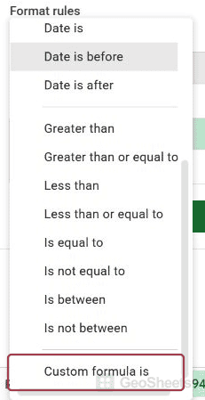 Google Sheets custom formula menu.