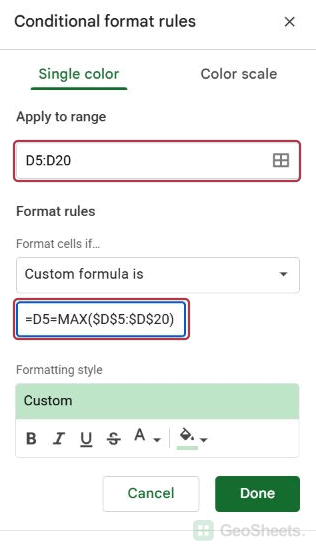Google Sheets different range max rule start.