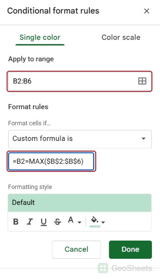 Google Sheets max rule.