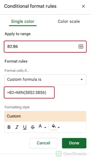 Google Sheets min rule.