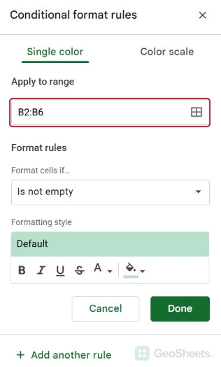 Google Sheets range panel.