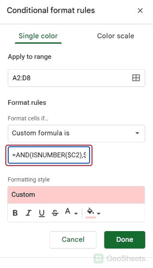 Conditional format sidebar and beginning of age inclusive rule.