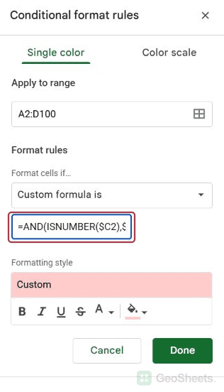 Conditional format sidebar and beginning of age rule.
