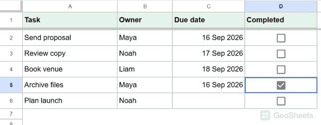 Google Sheets checkbox checked.