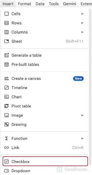Insert menu with Checkbox command.
