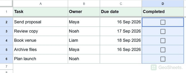 Google Sheets checkbox inserted.