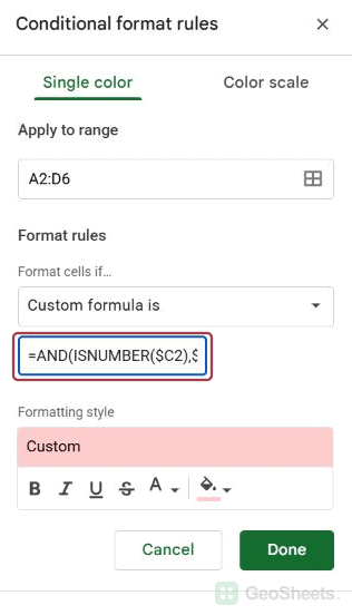 Conditional format sidebar and beginning of checkbox rule.