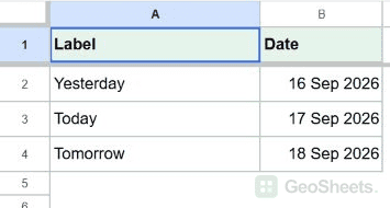 Google Sheets date before showing yesterday, today, tomorrow.
