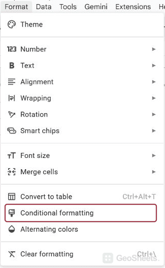 Format menu and Conditional formatting command.