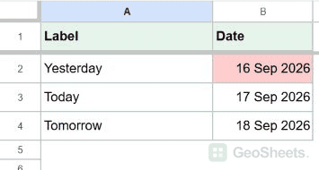 Google Sheets date result showing yesterday, today, tomorrow.