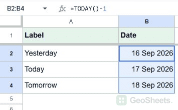 Google Sheets date selected showing yesterday, today, tomorrow.