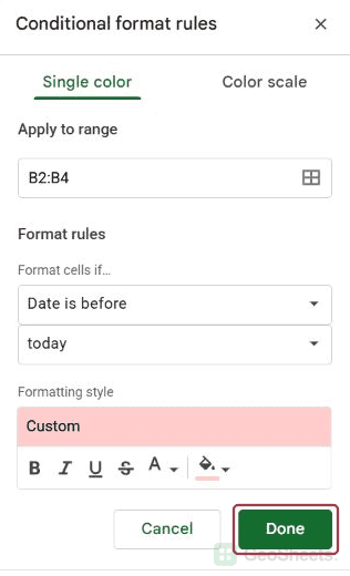 Red formatting style and Done button.